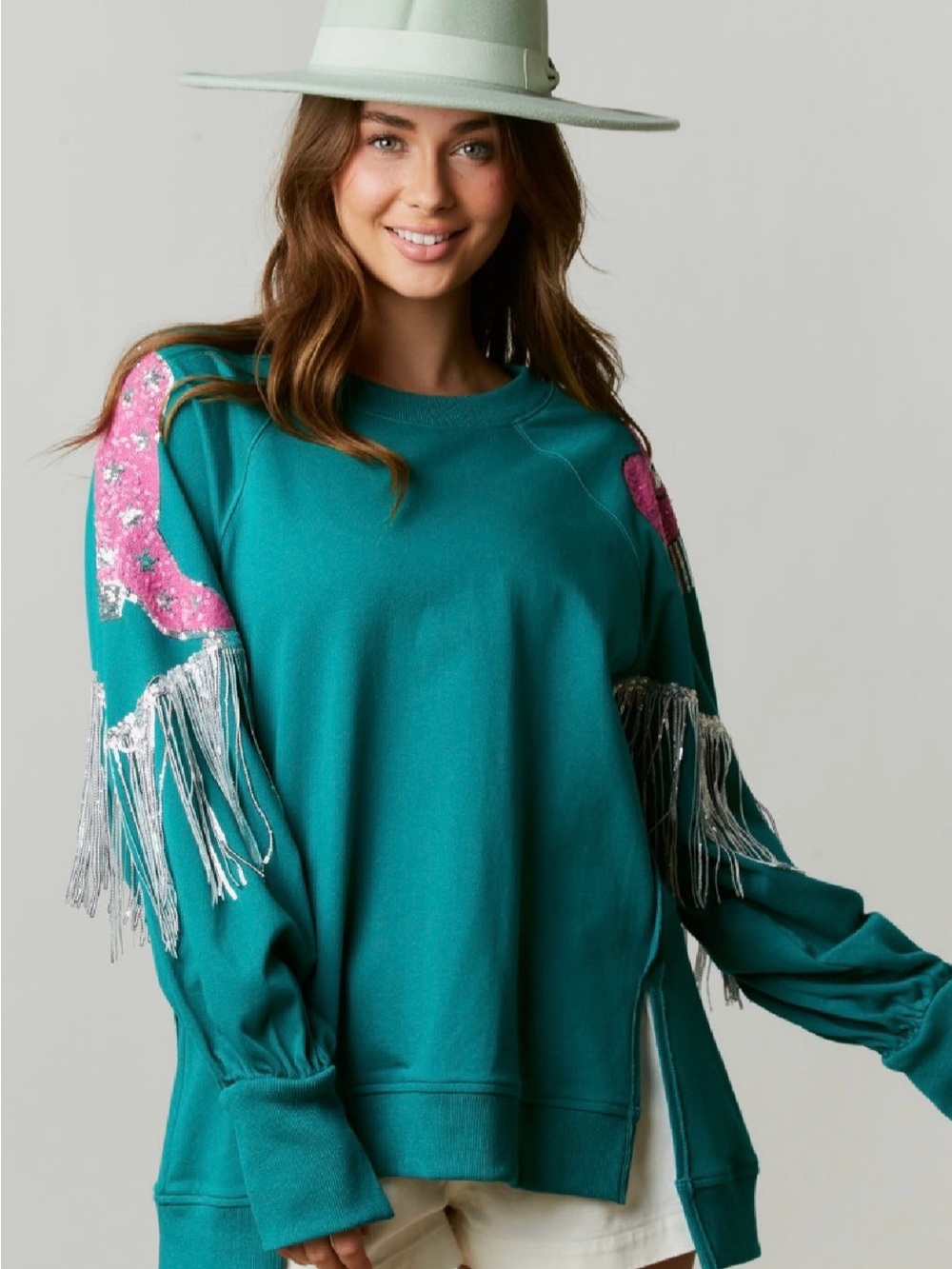 Fantastic Fawn Teal Sweatshirt with Pink Sequin Flamingo & Silver Fringe